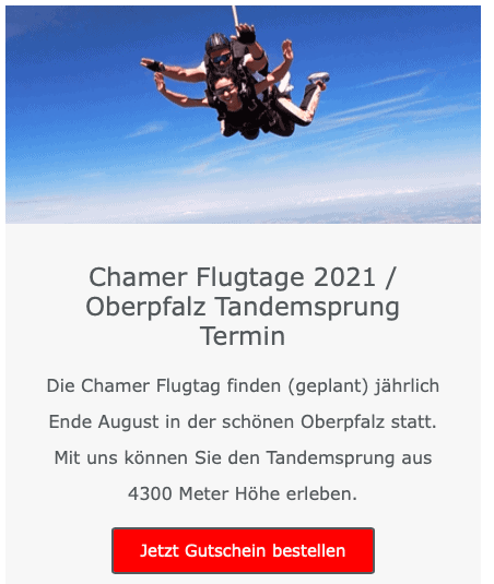 Oberpfalz Tandemsprung Bayern Flugtage Cham Fallschirmspringen Geschenk Gutschein